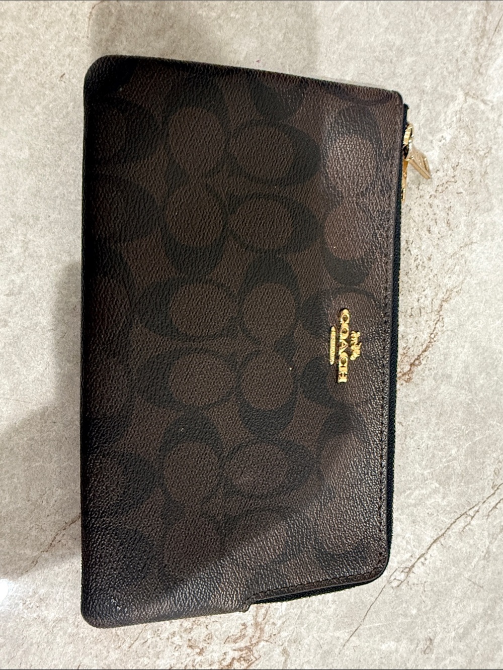 Coach Brown Signature Zip Wallet with Gold Accent